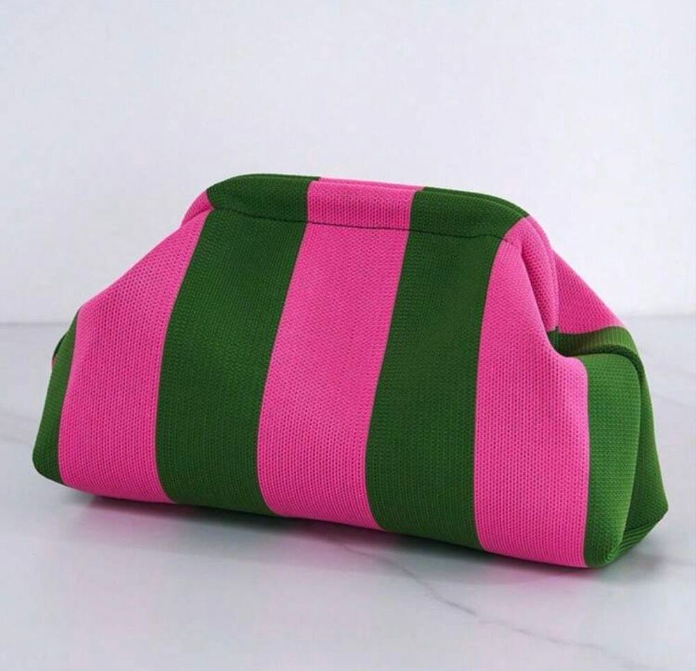 Italian Luxury Boutique Clutch/ Makeup Bag Pink Green Striped NWOT - Picture 6 of 6